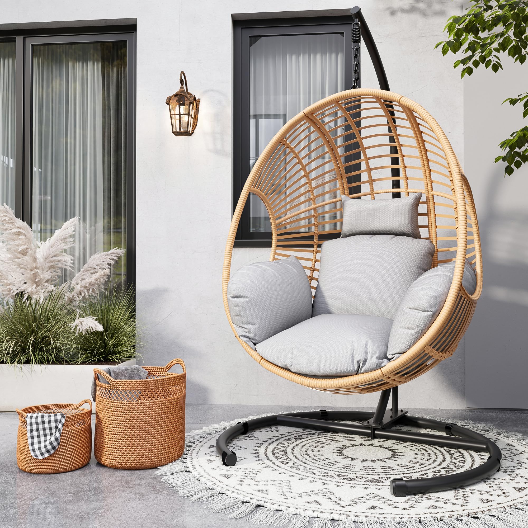 Oversized Hanging Egg Chair Outdoor Indoor, Wicker Swing Egg Chair with Stand 400lbs Capacity for Bedroom, Patio, Garden and Balcony (Beige-Regular, Oversize)