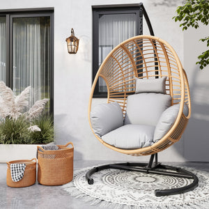 Oversized Hanging Egg Chair Outdoor Indoor, Wicker Swing Egg Chair with Stand 400lbs Capacity for Bedroom, Patio, Garden and Balcony (Beige-Regular, Oversize)