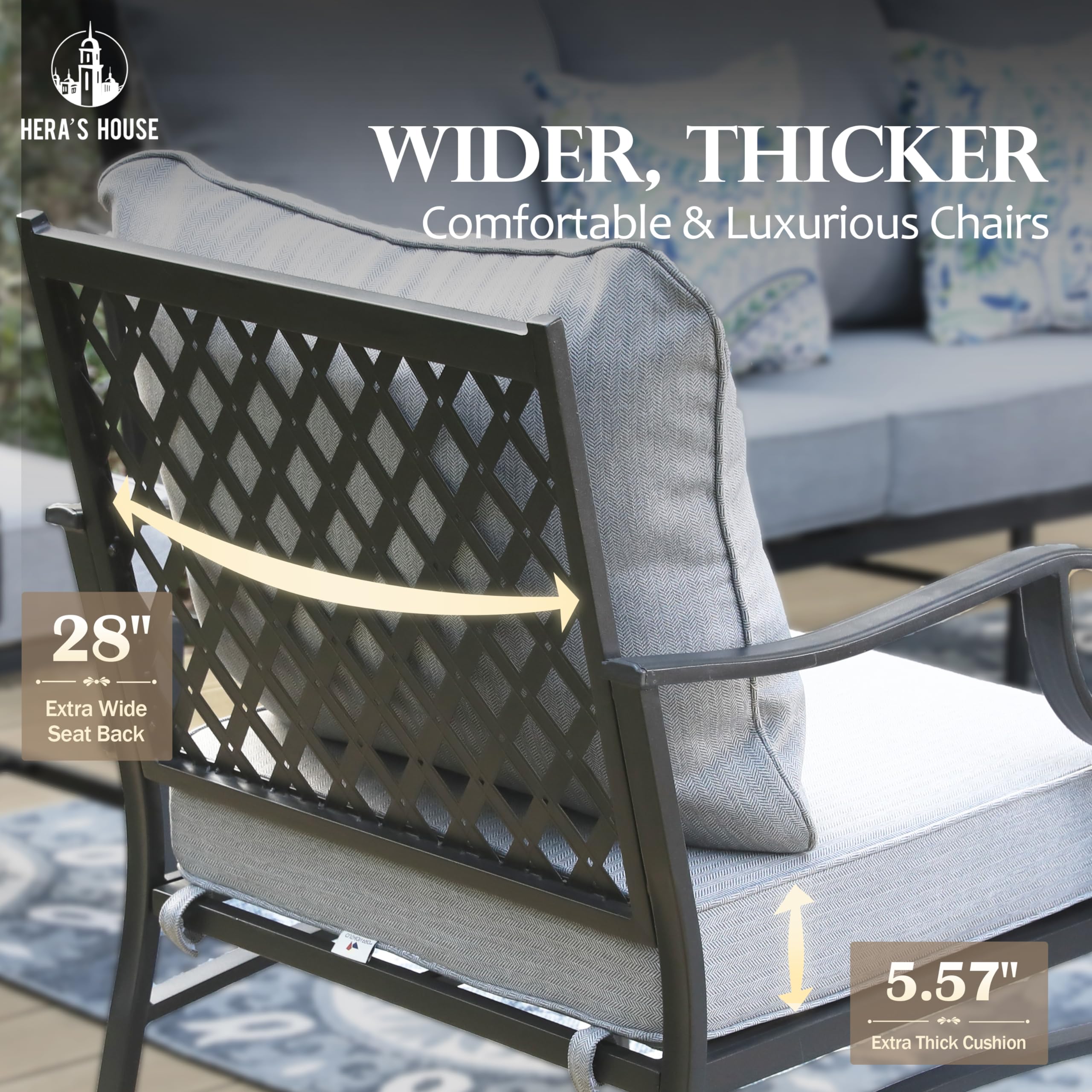 5 Piece Patio Furniture Set, 2 x Cushioned Metal Chair, 2 x Ottoman, 1 x 3-Seat Sofa, All Cushioned 7 Seats Outdoor Conversation Set for Lawn Garden Backyard, Grey