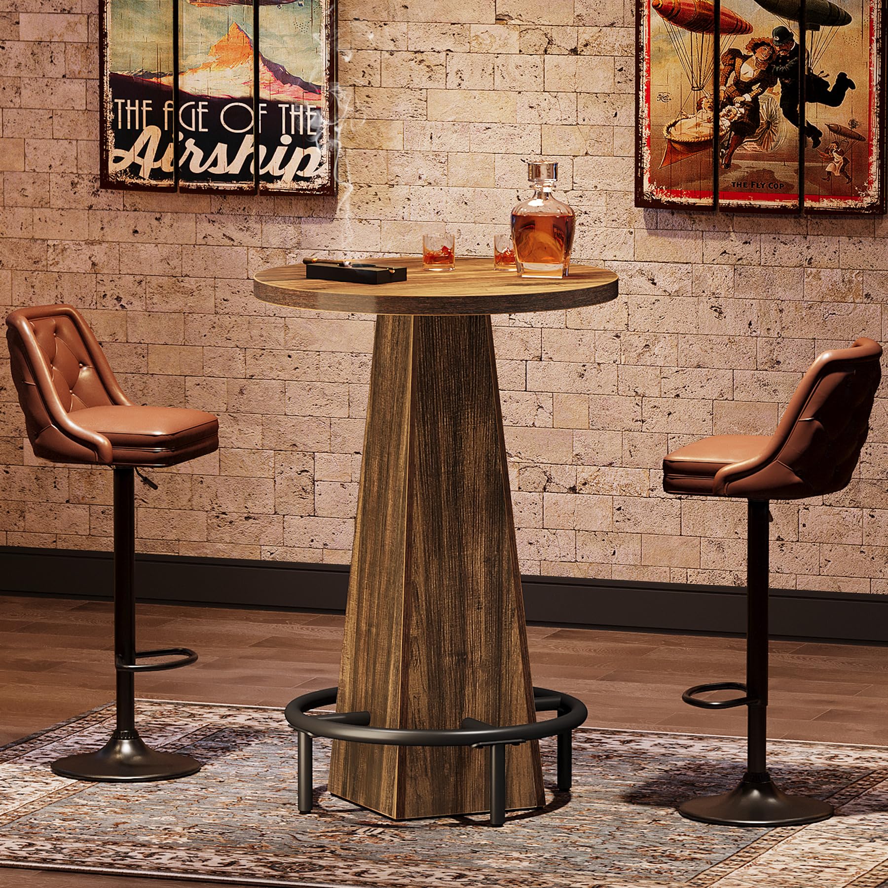 Bar Table Set of 2, 37.4" High Round Pub Table for Small Bars, Dining Room, Kitchen, Rustic Brown (Only Table)