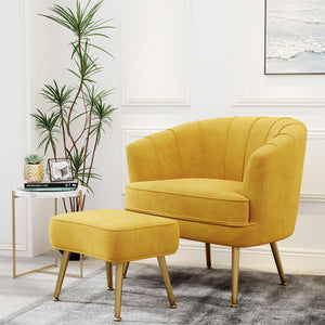Velvet Accent Chair with Ottoman, Upholstered Modern Single Sofa Side Chair,Comfy Barrel Club Living Room Armchair with Golden Metal Legs for Bedroom Living Reading Room Office, Yellow