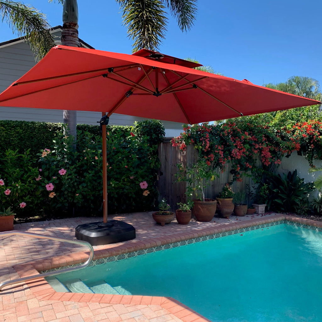 9' X 12' Double Top Deluxe Wood Pattern Rectangle Patio Umbrella Offset Hanging Umbrella Outdoor Market Umbrella Garden Umbrella, Brick Red