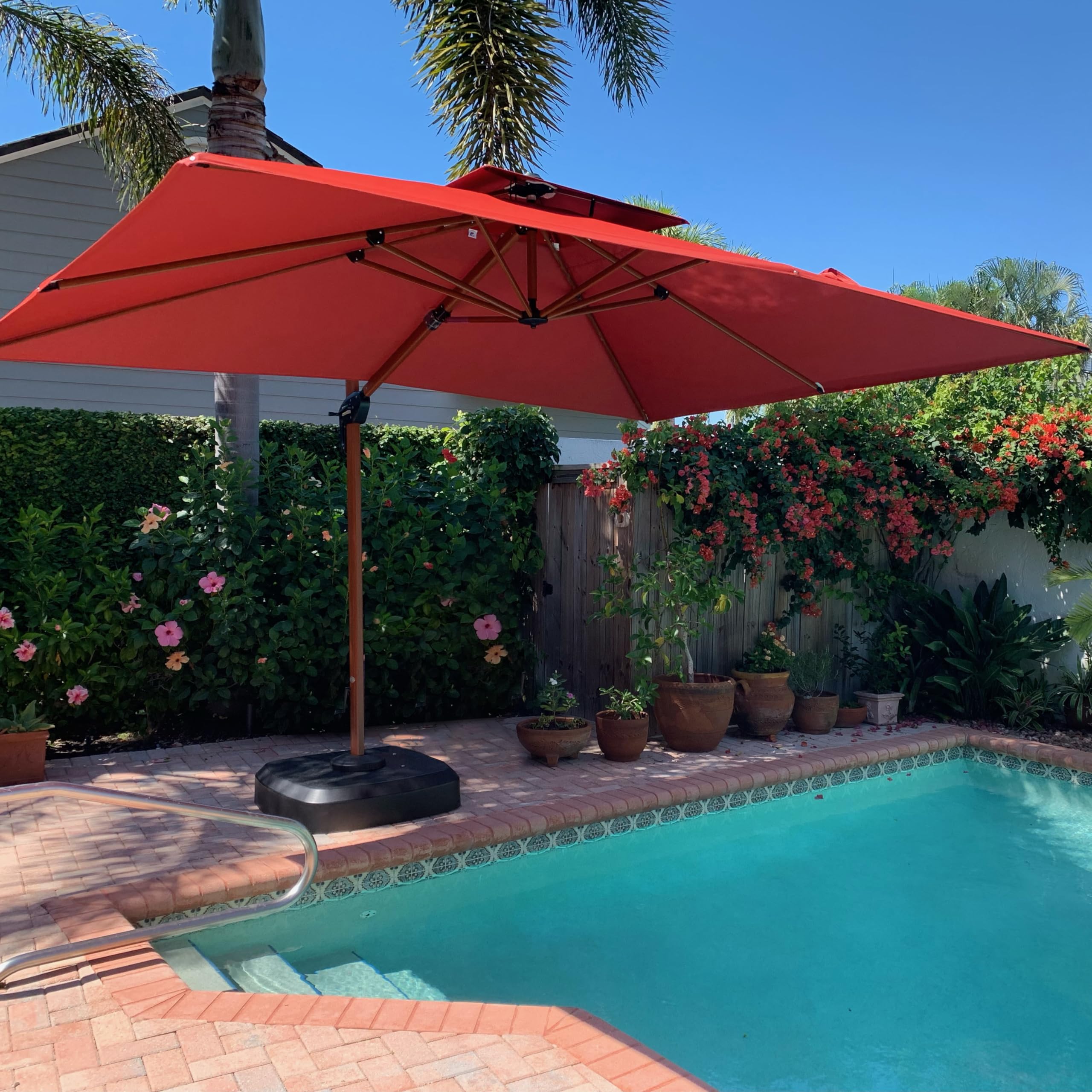 9' X 12' Double Top Deluxe Wood Pattern Rectangle Patio Umbrella Offset Hanging Umbrella Outdoor Market Umbrella Garden Umbrella, Brick Red