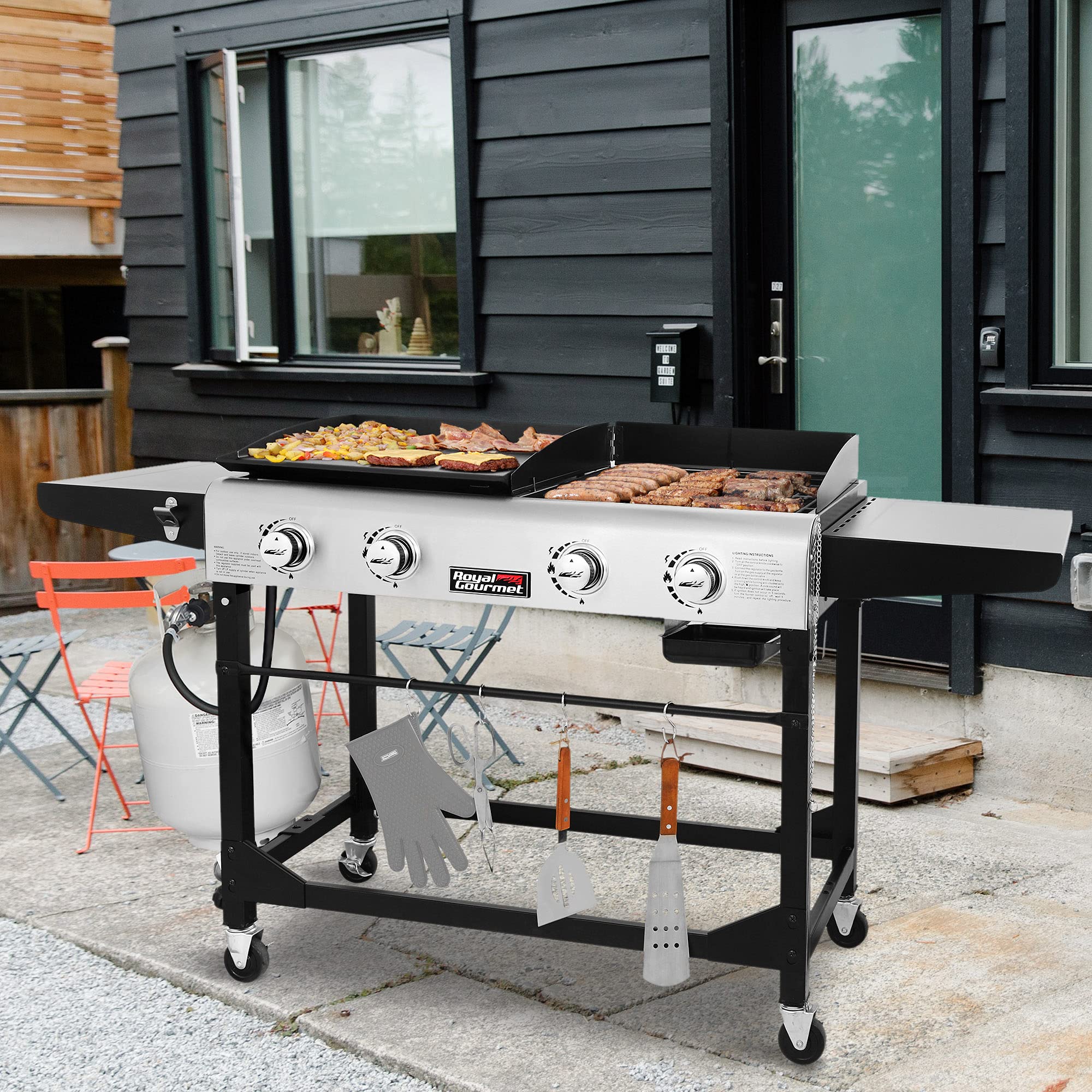Portable Propane Gas Grill and Griddle Combo with Side Table | 4-Burner, Folding Legs,Versatile, Outdoor | Black 66 Inch