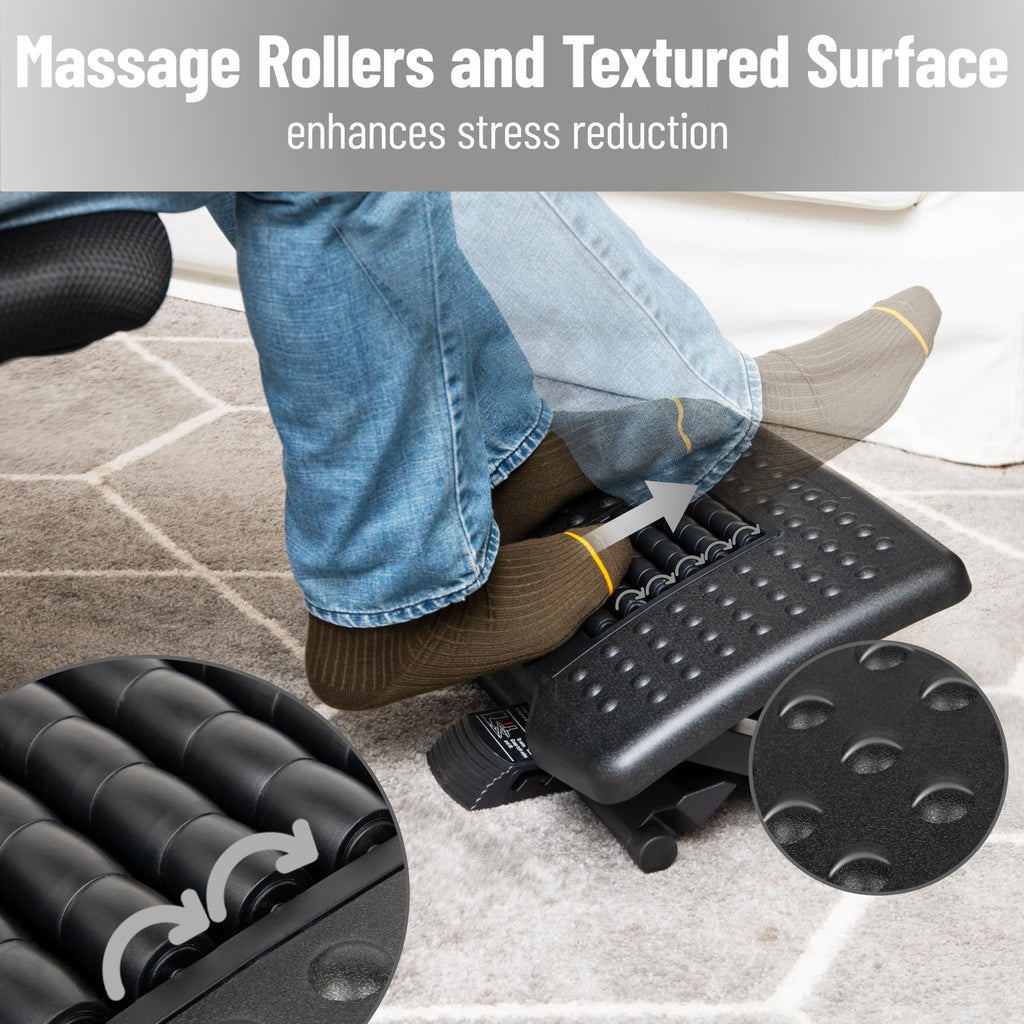 Adjustable Height Ergonomic Foot Rest with Massage Rollers, Black