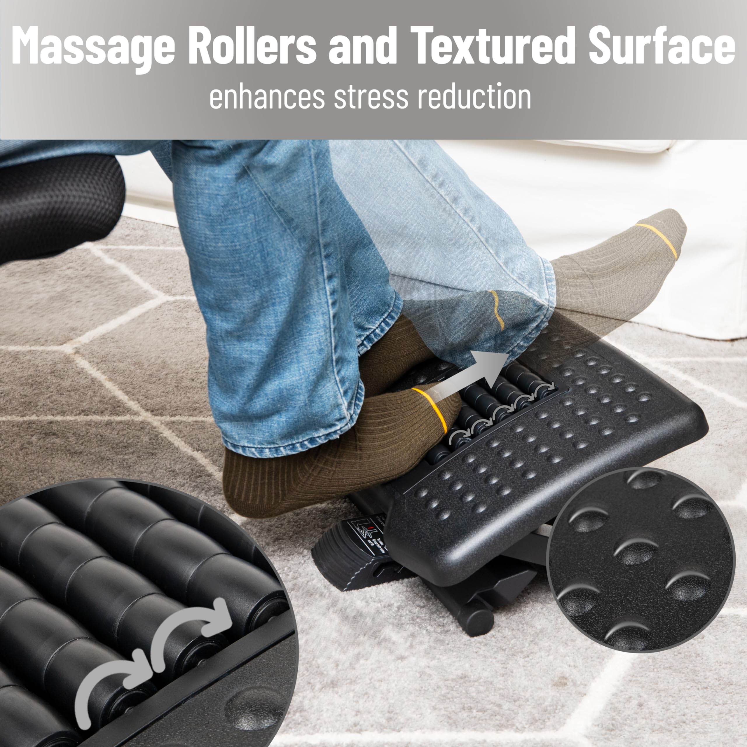 Adjustable Height Ergonomic Foot Rest with Massage Rollers, Black