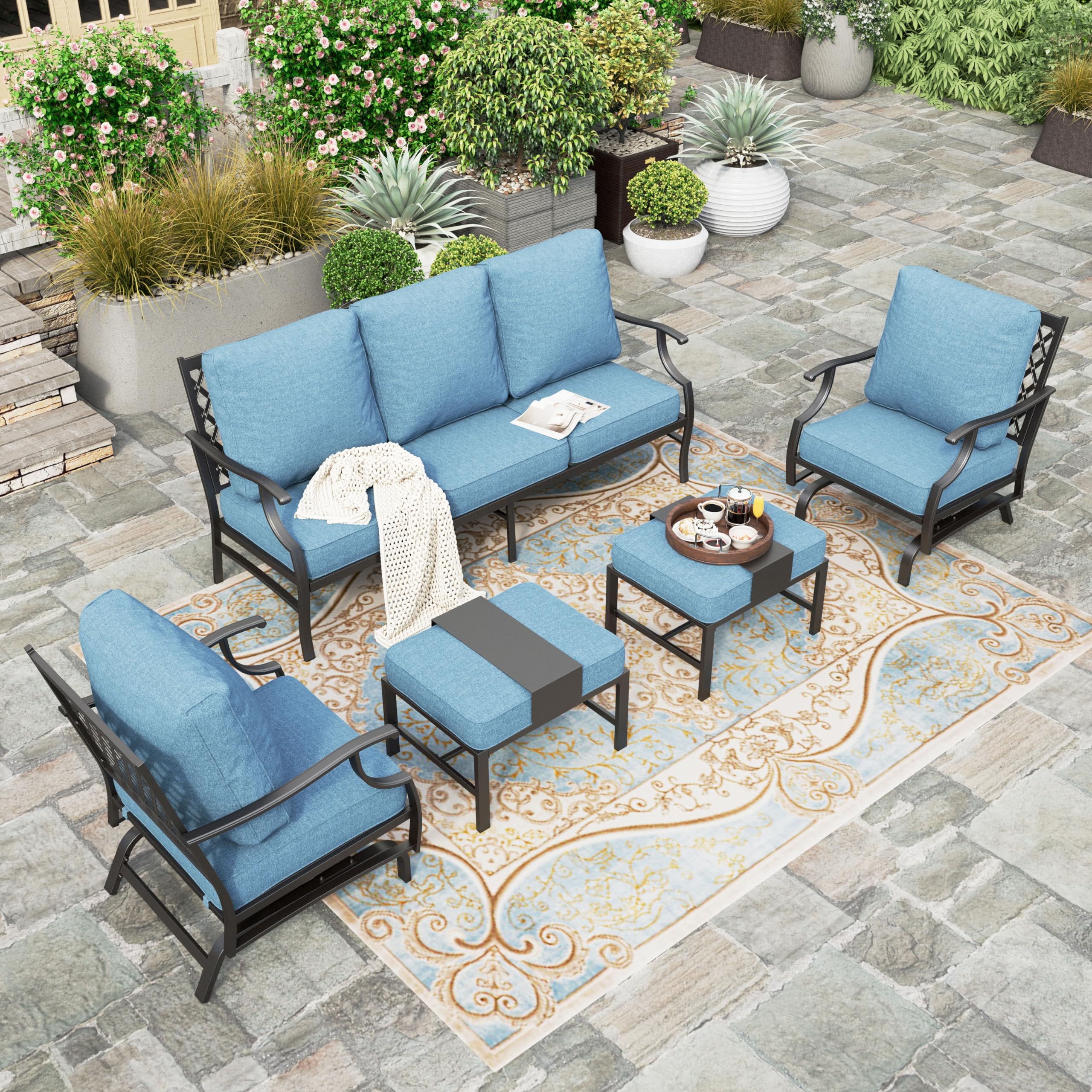 5 Pieces Patio Furniture Set, 2 x Rocking Chair, 2 x Ottoman, 1 x 3-Seat Sofa, All Cushioned 7 Seats Metal Outdoor Conversation Set for Lawn Garden Backyard