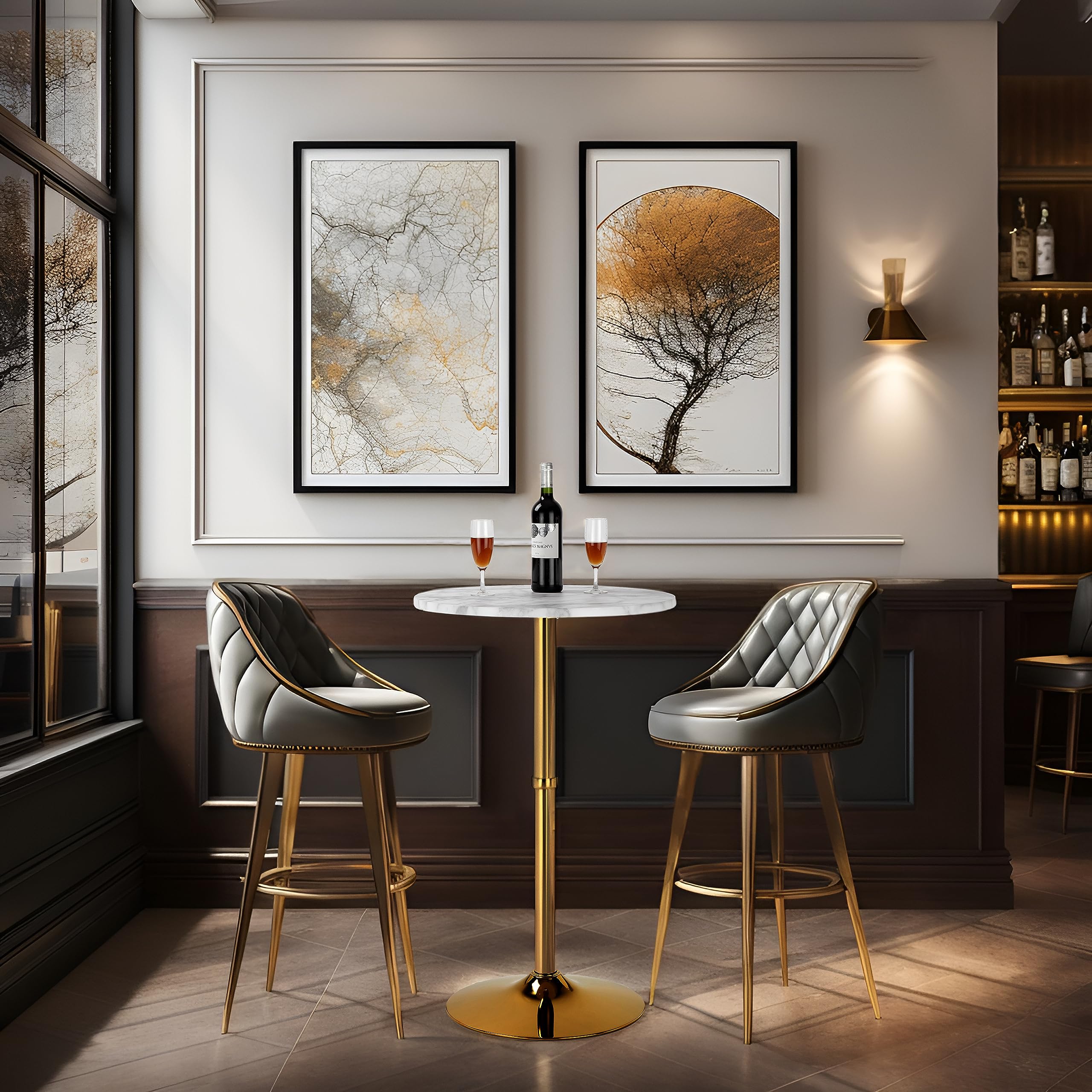 24'' Round Cocktail Bar Table with Metal Base, Tall Bistro Pub Table, Counter Bar Height Table for Kitchen, Dining Room, Living Room, Easy Assembly, Gold