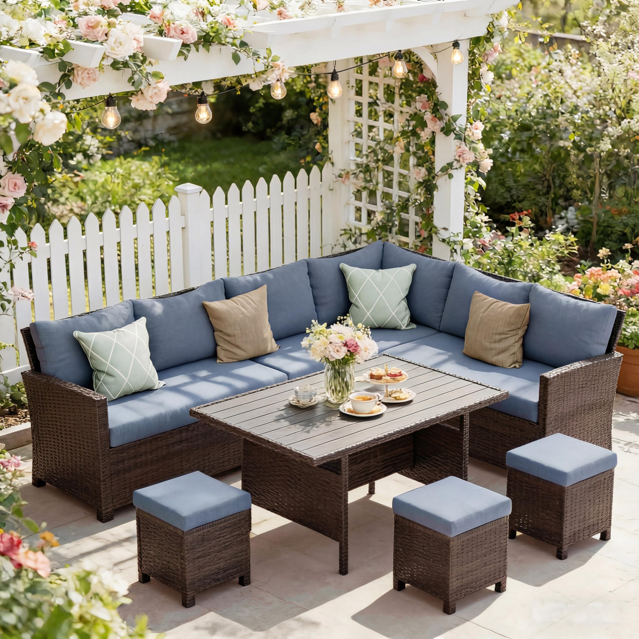 7 Piece Patio Furniture Set, High Curved Back Wicker Patio Sectional, All Weather Outdoor Dining Set, Outdoor Furniture Patio Conversation Set with Ottoman, Blue