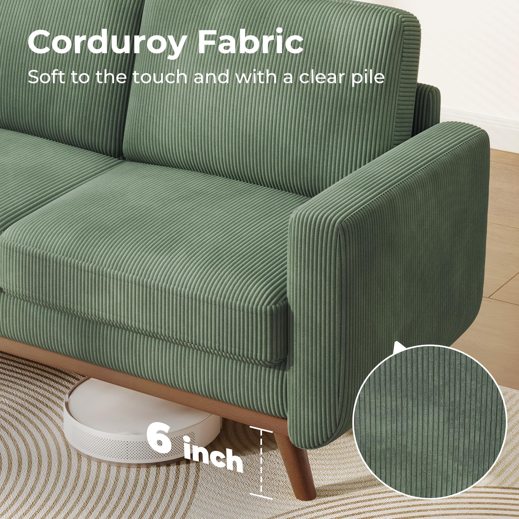 68" Loveseat Sofa - Green, Comfy Corduroy with Spring Cushion, Solid Wood Frame, Modern Deep Seat, Bedroom & Living Room, Office Couch