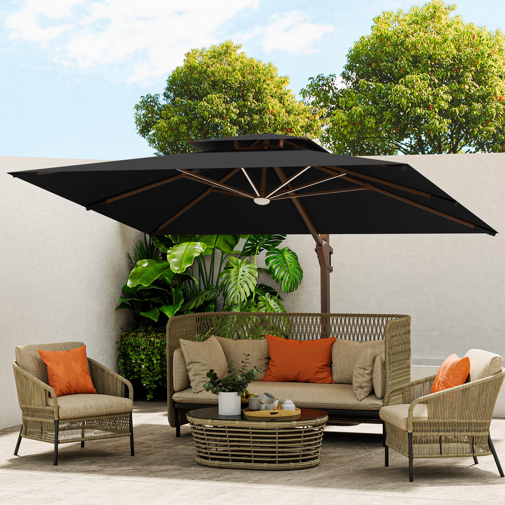 10 X 13 FT Cantilever Outdoor Patio Umbrella with Base Included Large Heavy Duty 360° Rotation Double Top Offset Rectangular Umbrellas with Led Lights for Backyard Outside Deck, Black