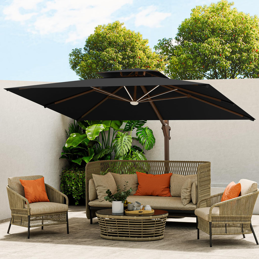 10 X 13 FT Cantilever Outdoor Patio Umbrella with Base Included Large Heavy Duty 360° Rotation Double Top Offset Rectangular Umbrellas with Led Lights for Backyard Outside Deck, Black