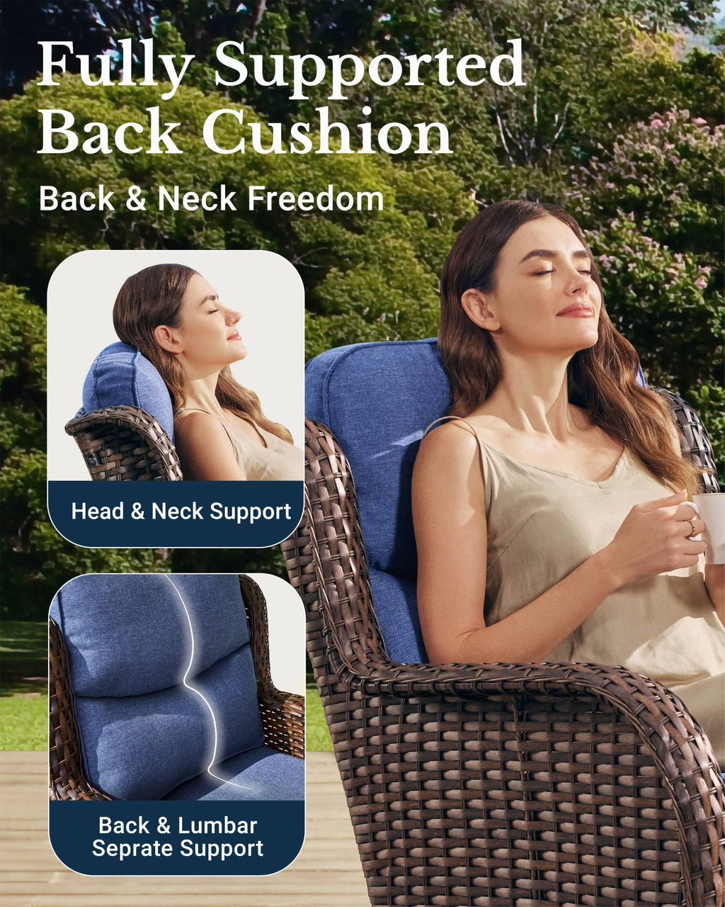 Luxury Patio Furniture Set with 6-inch Thick Cushion, Outdoor High Back Swivel Rocker Patio Chairs, 2PCS Wicker Conversation Set for Deck Yard and Poolside, Blue (V2)