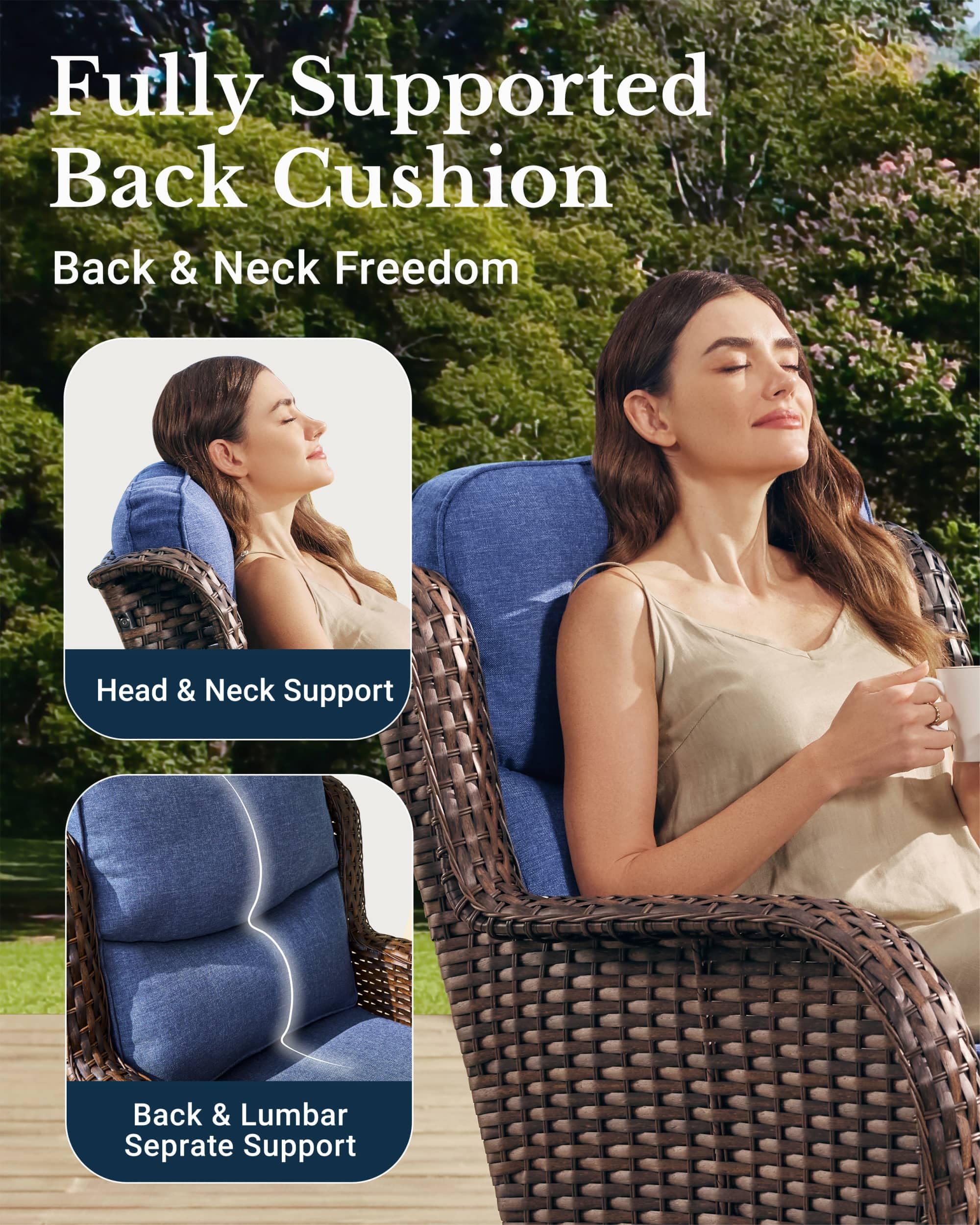 Luxury Patio Furniture Set with 6-inch Thick Cushion, Outdoor High Back Swivel Rocker Patio Chairs, 2PCS Wicker Conversation Set for Deck Yard and Poolside, Blue (V2)