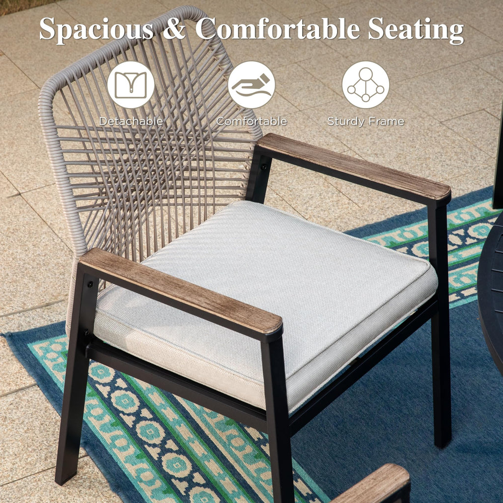 5 Pieces Patio Dining Set, 4 x Woven Rattan Dining Chairs with Cushions, 42" Metal Round Dining Table, Patio Table and Chairs Set for Lawn Garden Backyard Deck