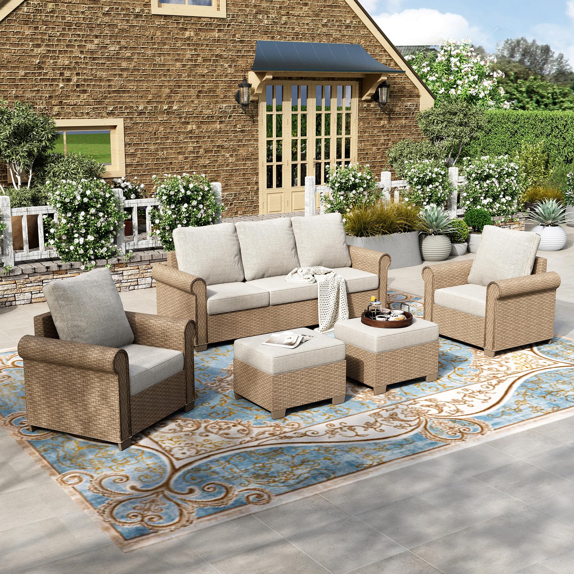 5 Pieces Patio Furniture Set, All Weather 7 Seats Outdoor Wicker Sofa with Ottoman, 5.5