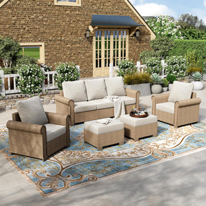 5 Pieces Patio Furniture Set, All Weather 7 Seats Outdoor Wicker Sofa with Ottoman, 5.5