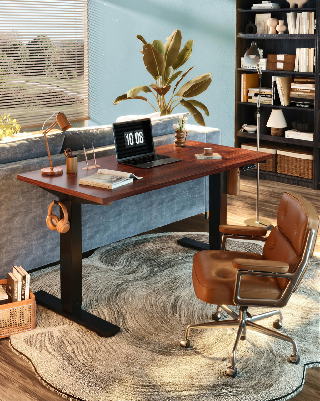 EN1 One-Piece Standing Desk, Electric Adjustable with 4 Memory Presets, 176 LBS Capacity, Stable & Quiet, Seamless Desktop for Home Office & Dual Monitors, 40"x24" Mahogany