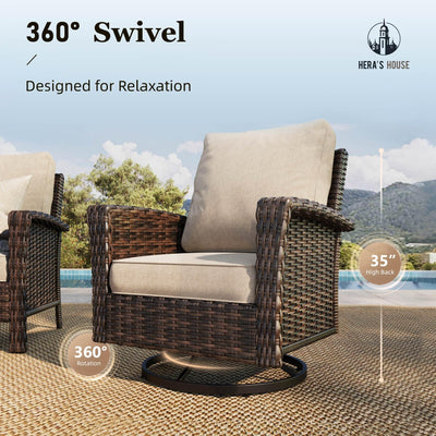 High Back Patio Furniture Set with Swivel Chairs, Outdoor Wicker Conversation Sets with 5.5