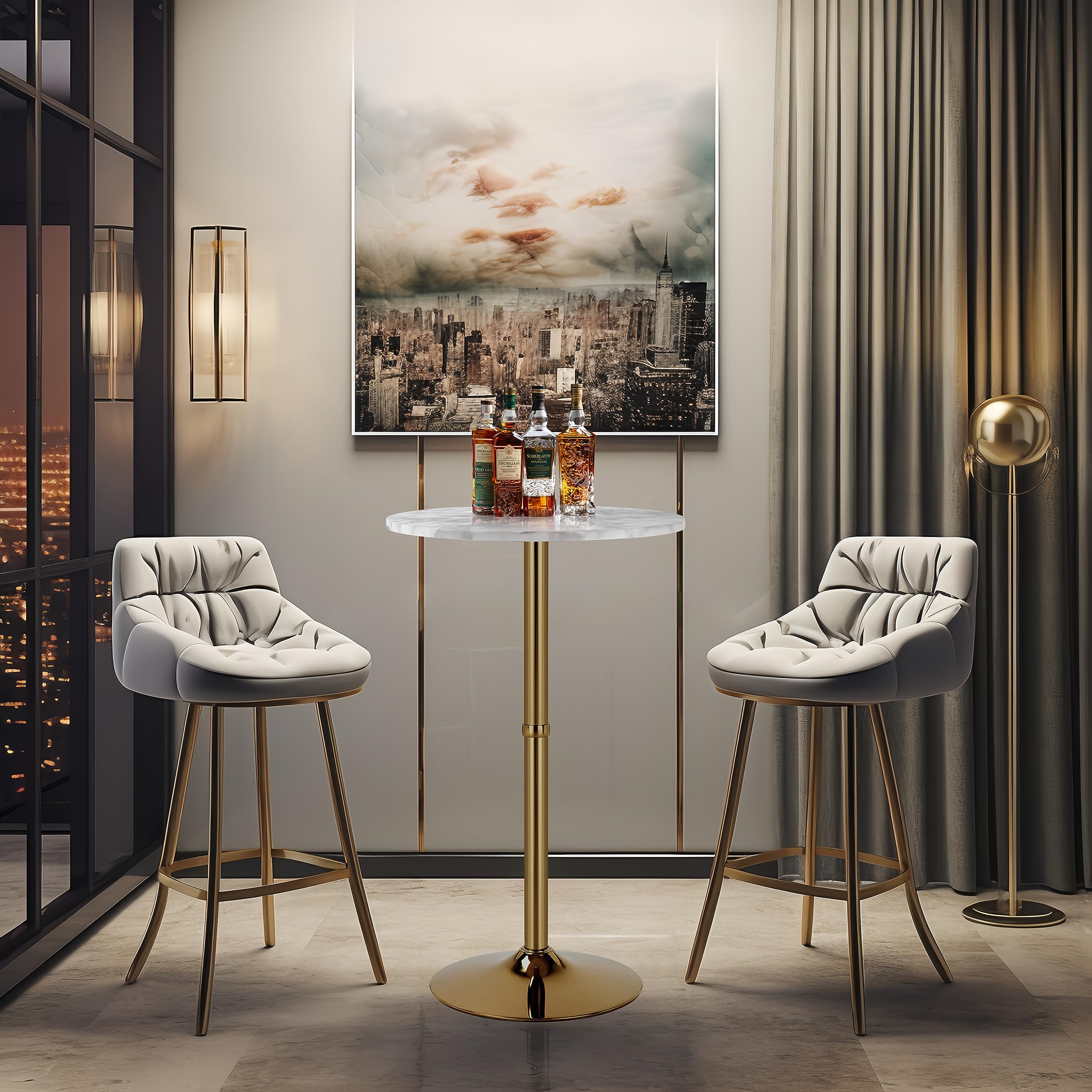 24'' Round Cocktail Bar Table with Metal Base, Tall Bistro Pub Table, Counter Bar Height Table for Kitchen, Dining Room, Living Room, Easy Assembly, Gold
