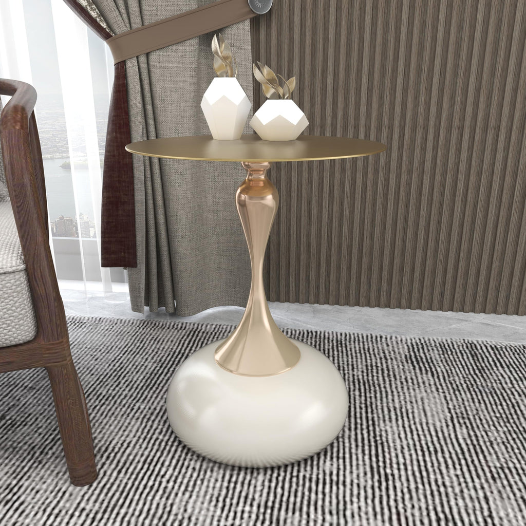 Modern Round Side Table with Gold Stainless Steel Top, Gold Pedestal Stem & Glossy Base, Accent End Table for Living Room, Bedroom, or Small Spaces, 17.7" × 21.6", White