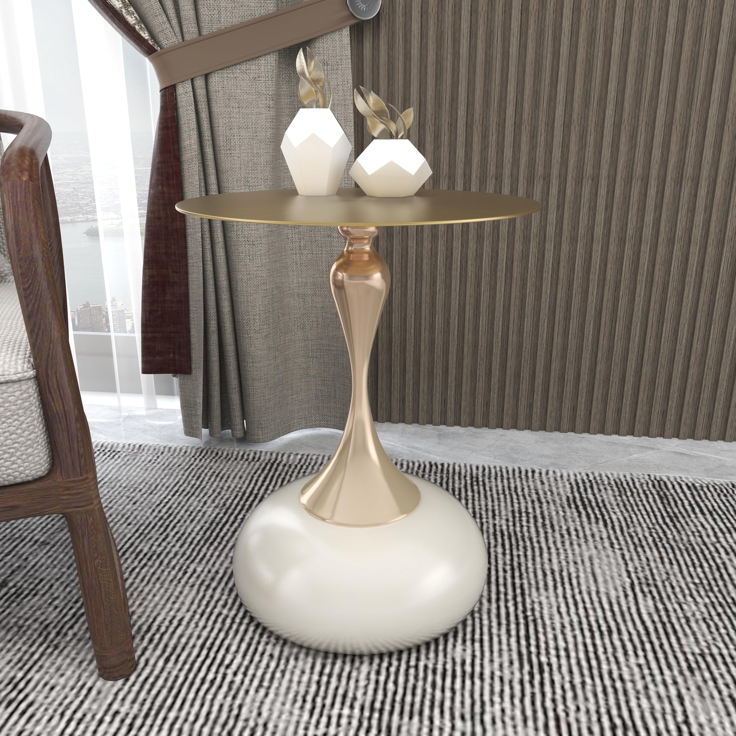 Modern Round Side Table with Gold Stainless Steel Top, Gold Pedestal Stem & Glossy Base, Accent End Table for Living Room, Bedroom, or Small Spaces, 17.7" × 21.6", White