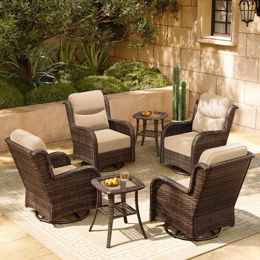 Luxury Patio Furniture Set with 6-inch Thick Cushion, Outdoor High Back Swivel Rocker Patio Chairs, 6PCS Wicker Conversation Set for Deck Yard and Poolside, Beige (V2)
