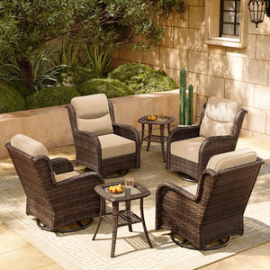 Luxury Patio Furniture Set with 6-inch Thick Cushion, Outdoor High Back Swivel Rocker Patio Chairs, 6PCS Wicker Conversation Set for Deck Yard and Poolside, Beige (V2)