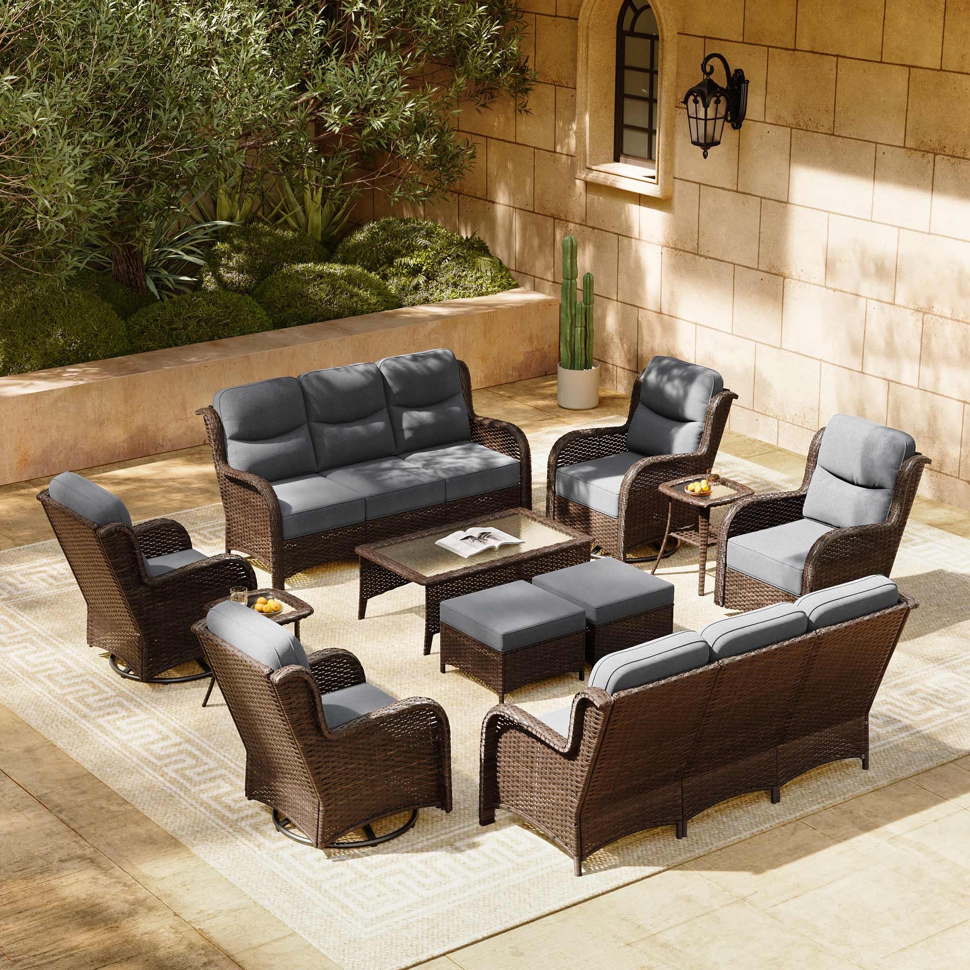 Luxury Patio Furniture Set with 6-inch Thick Cushion, Outdoor Couch and High Back Swivel Rocker Patio Chairs, 11PCS Wicker Conversation Set for Deck Yard and Poolside, Dark Grey (V2)