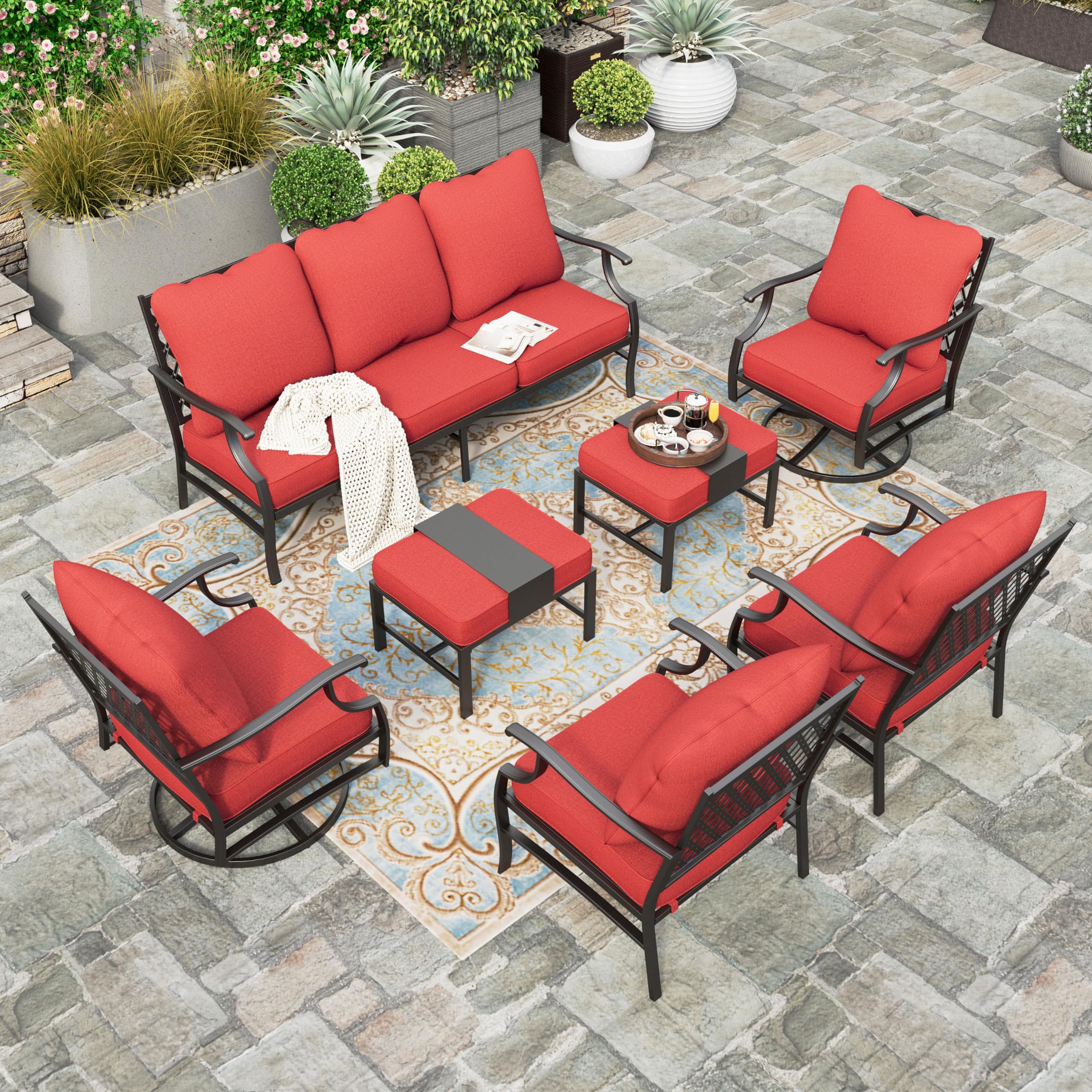 7 Piece Patio Furniture Set, 2 x Swivel Chair, 2 x Leg Chair, 2 x Ottoman, 1 x 3-Seat Sofa, All Cushioned 9 Seats Metal Outdoor Conversation Set for Lawn Garden Backyard