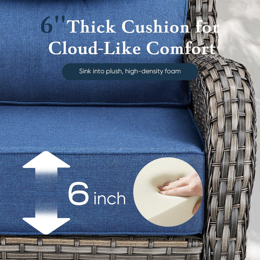 Luxury 6" Thick Cushioned Outdoor Swivel Rocker Patio Chairs of 2, High Back Wicker Patio Furniture Set with Ergonomic Zone Back, Conversation Glider Set for Deck Porch - Grey+Blue