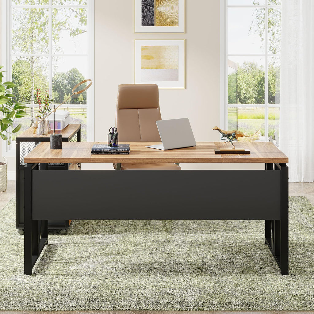63" L Shaped Desk with Drawer Cabinet, Executive Computer Desk and lateral File Cabinet, 2 Piece Home Office Furniture with Drawers for Hanging File, Doors with Locks (Brown, 63 inches)