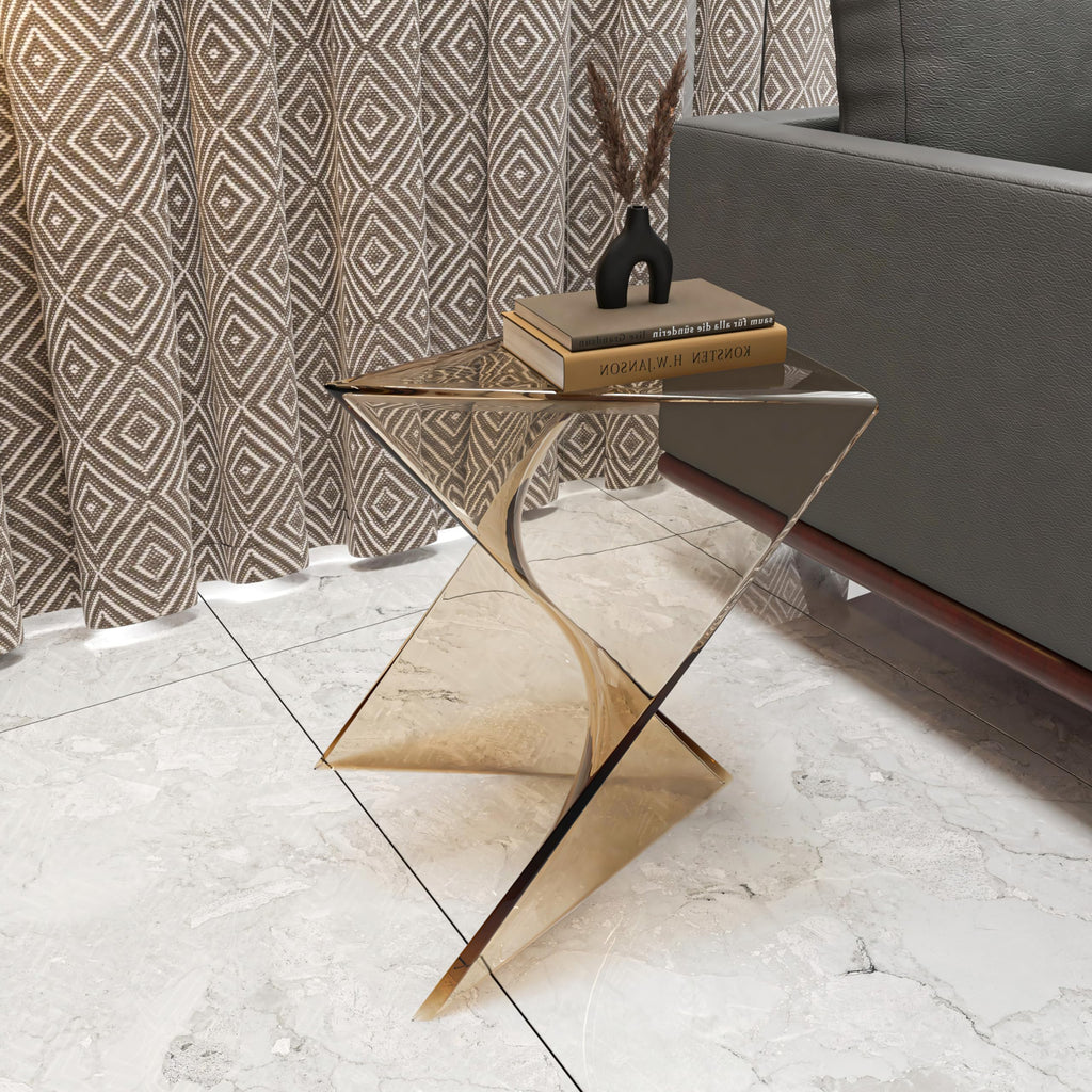 15.75" Stackable Weather-Resistant Plastic Triangular Side Table - Transparent Amber Accent End Table for Indoor & Outdoor Use