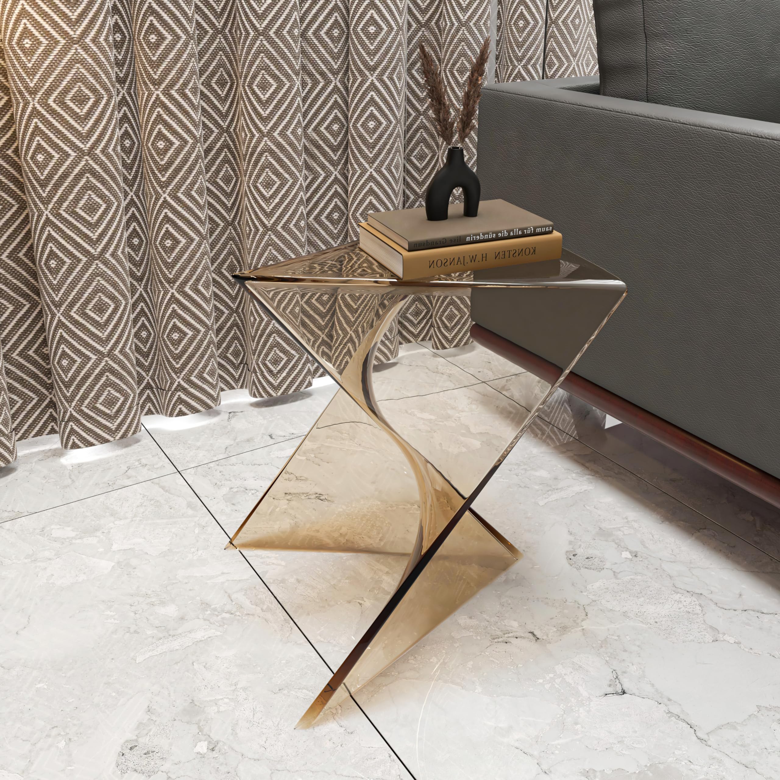 15.75" Stackable Weather-Resistant Plastic Triangular Side Table - Transparent Amber Accent End Table for Indoor & Outdoor Use