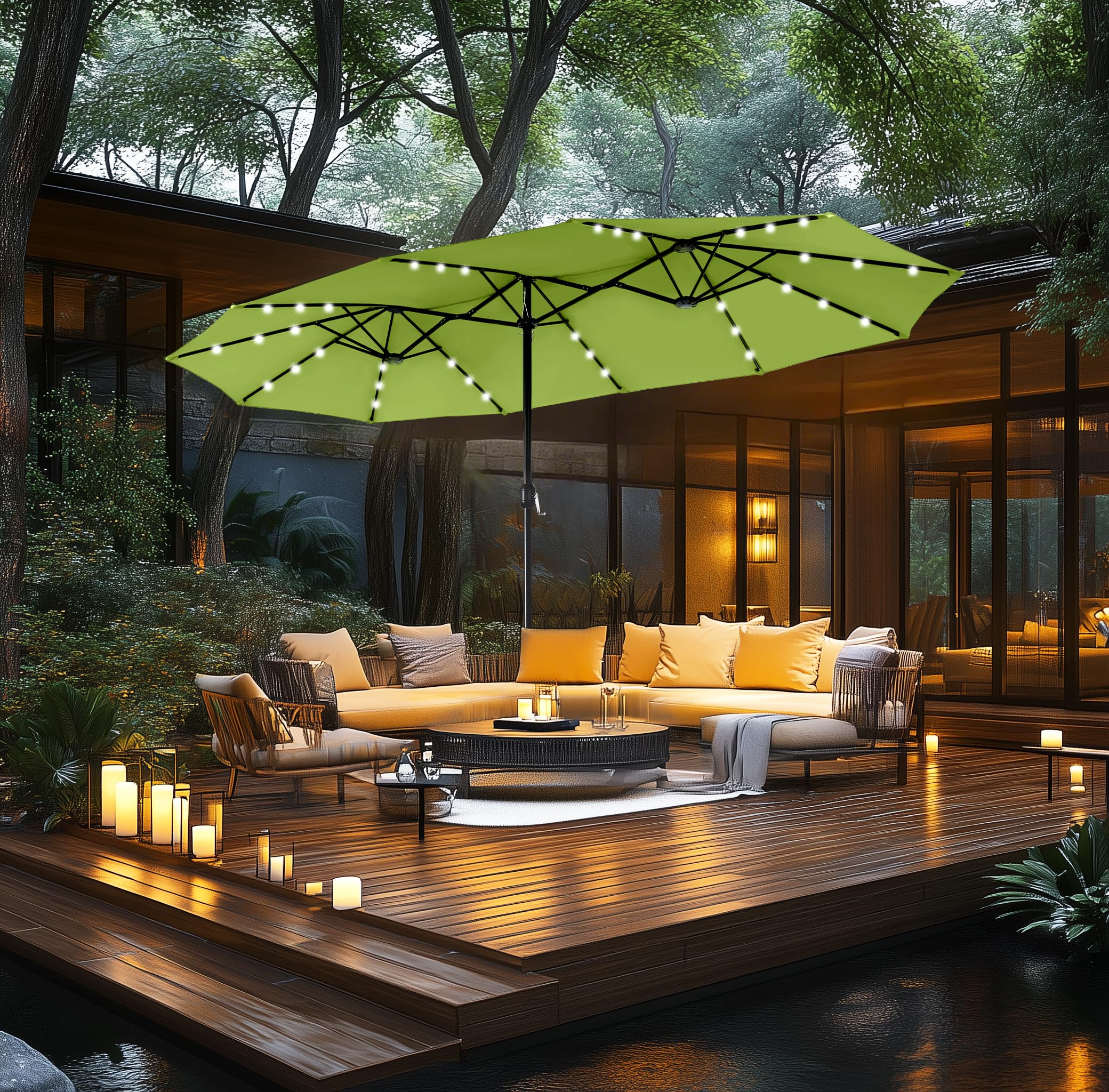 15ft Double Sided Patio Umbrella with Solar Lights, Outdoor Large Umbrellas with Crank Handle and 36 LED Lights, Rectangular Market Umbrella with Base Included for Deck Pool Shade, Lime Green
