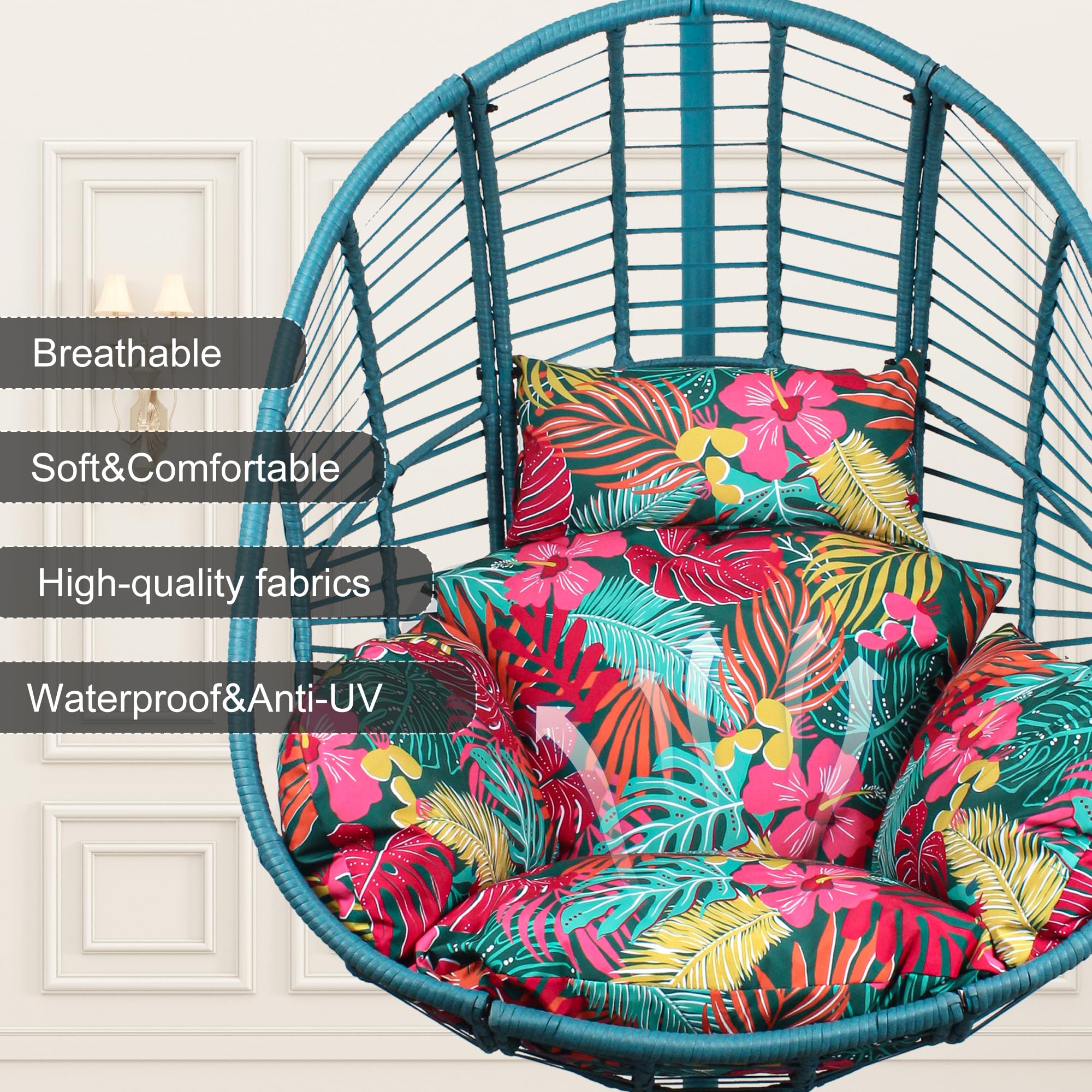 Oversized Hanging Egg Chair Outdoor Indoor, Wicker Swing Egg Chair with Stand 400lbs Capacity for Bedroom, Patio, Garden and Balcony (Hawaii Blue-Regular, Oversize)