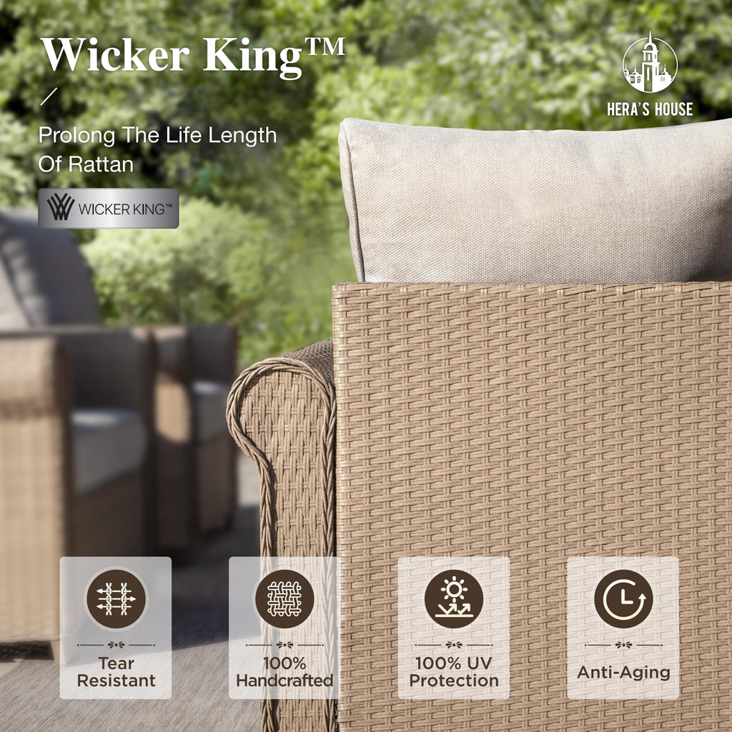 5 Pieces Patio Furniture Set, All Weather 7 Seats Outdoor Wicker Sofa with Ottoman, 5.5" Thick Waterproof Cushion Conversation Set for Garden Deck Backyard, Beige