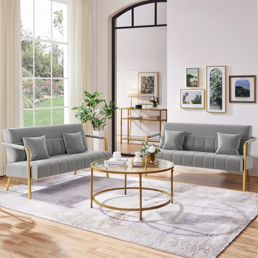 56.5" W Modern Sofa Small Sofa Luxurious Velvet Fabric Couch with Gold-Tone Metal Arms and Legs for Living Room, Home Office, Studio Light Gray