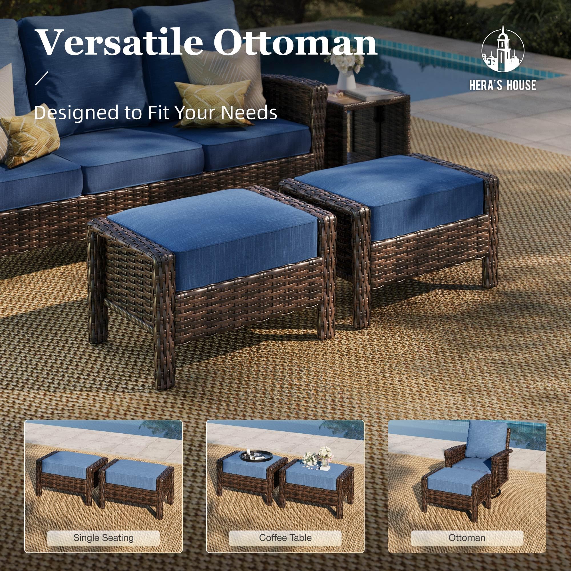 Wicker Patio Furniture Set, 35" High Back Swivel Chairs with 5.5" Thick Cushions, 5 Pieces Outdoor Seating Furniture, Deck Conversation Set with Ottomans for Lawn Yard Porch, Blue