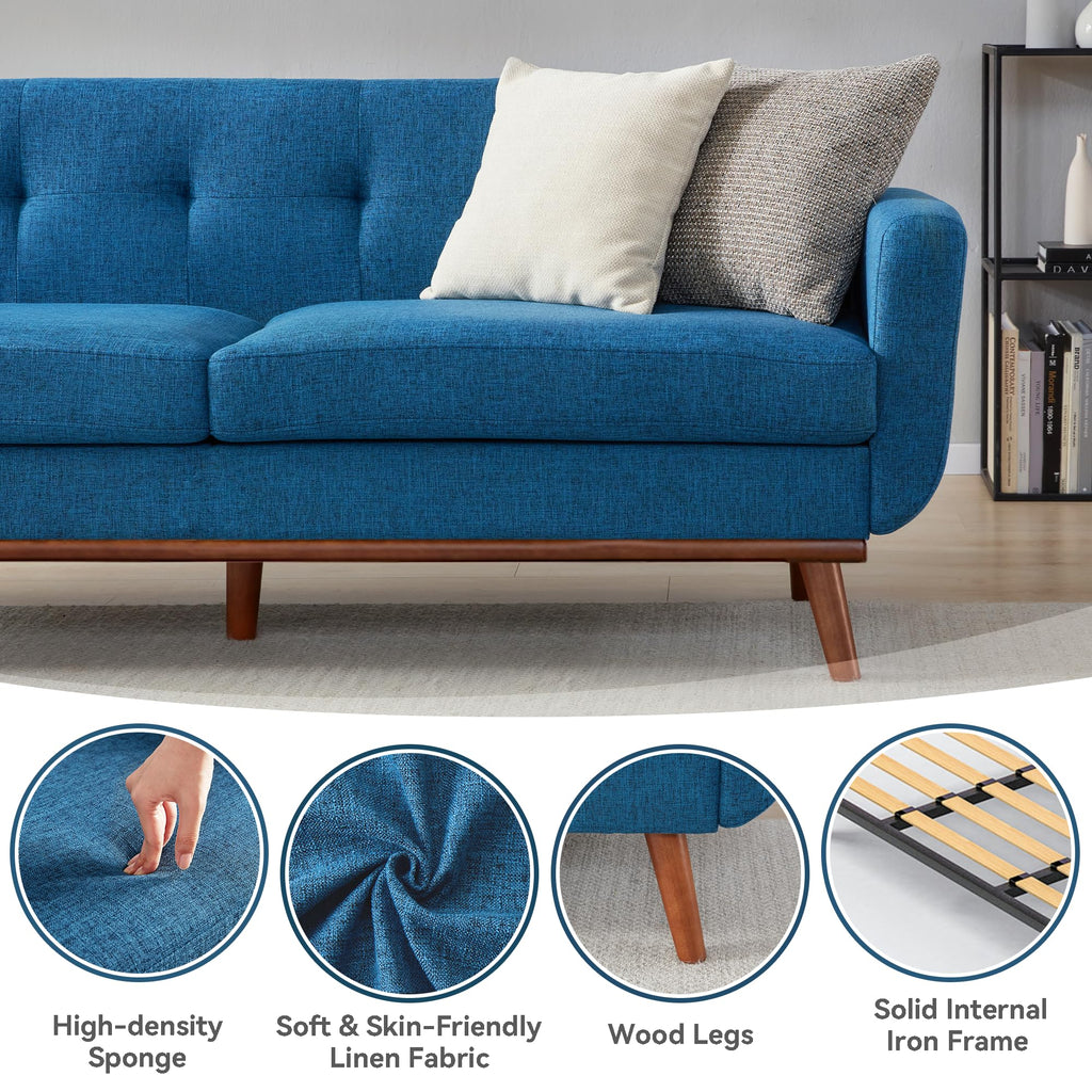77.2" W Loveseat Sofa, Mid Century Modern Decor Love Seat Couches for Living Room, Button Tufted Upholstered Furniture, Solid & Easy to Install Small Couch for Bedroom Office Apartment, Blue
