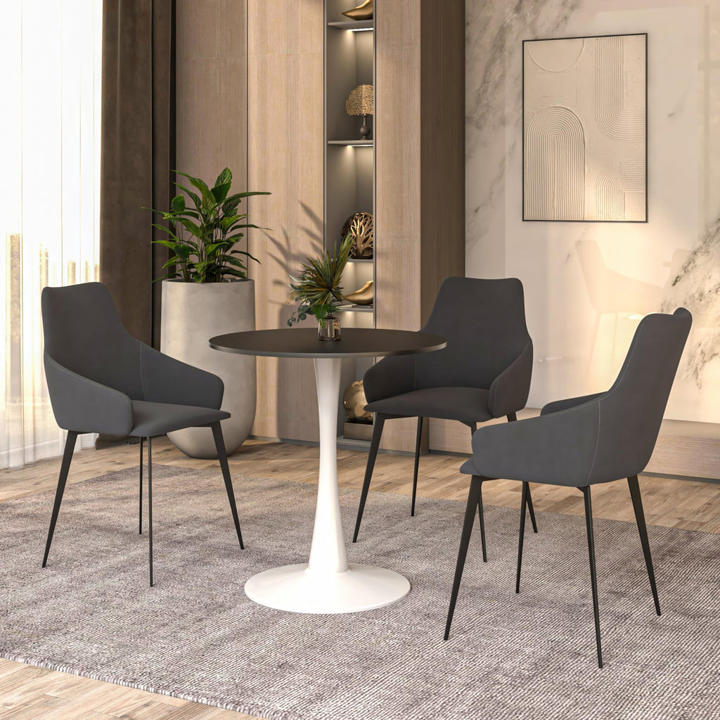 27" Wide Round Dining Table, Modern MDF Wood Top & White Metal Pedestal Base Gloss Finish Accent Table Mid-Century Café Table, Kitchen Dining Room Furniture, Black