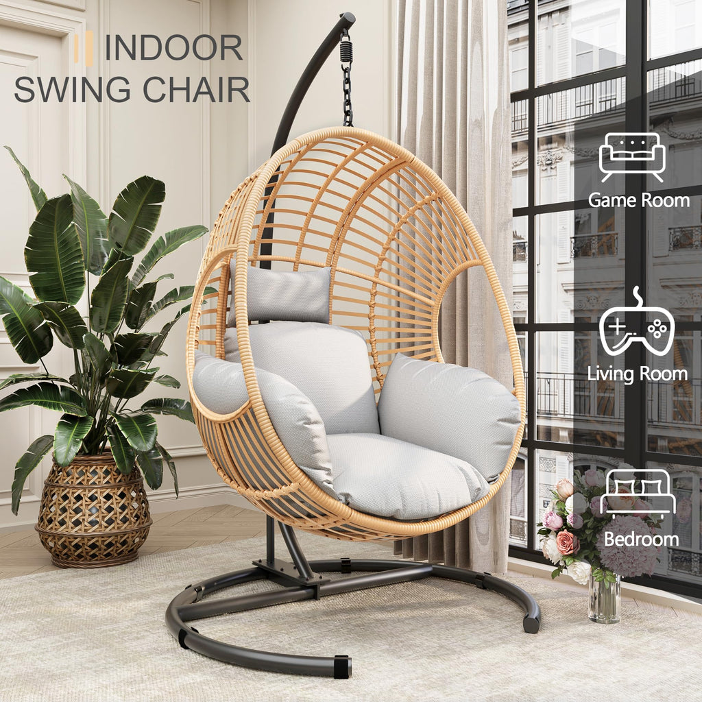 Oversized Hanging Egg Chair Outdoor Indoor, Wicker Swing Egg Chair with Stand 400lbs Capacity for Bedroom, Patio, Garden and Balcony (Beige-Regular, Oversize)