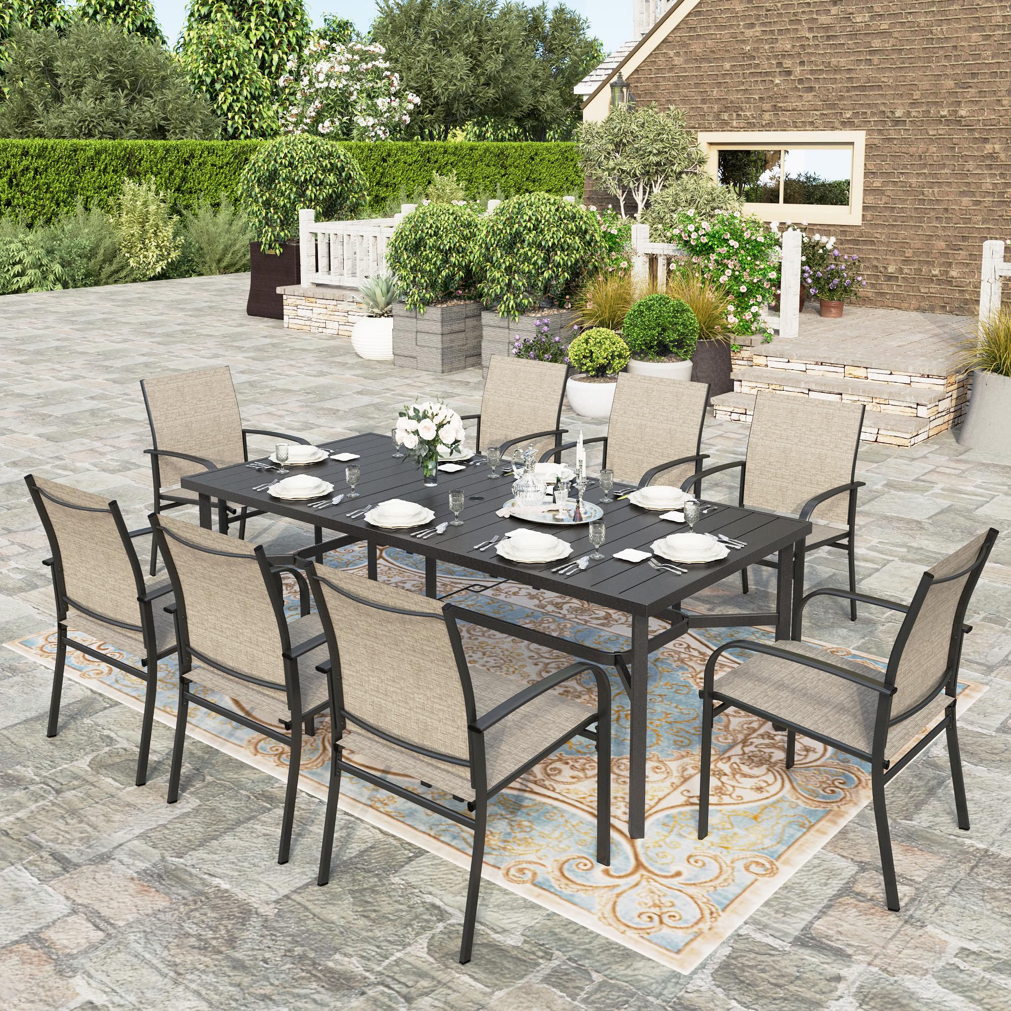 9 Pieces Patio Dining Set, 8 x Brown Textilene Patio Chairs and 1 x 83 Large Rectangle Dining Table, Outdoor Furniture Set for Deck Garden Backyard Lawn Poolside