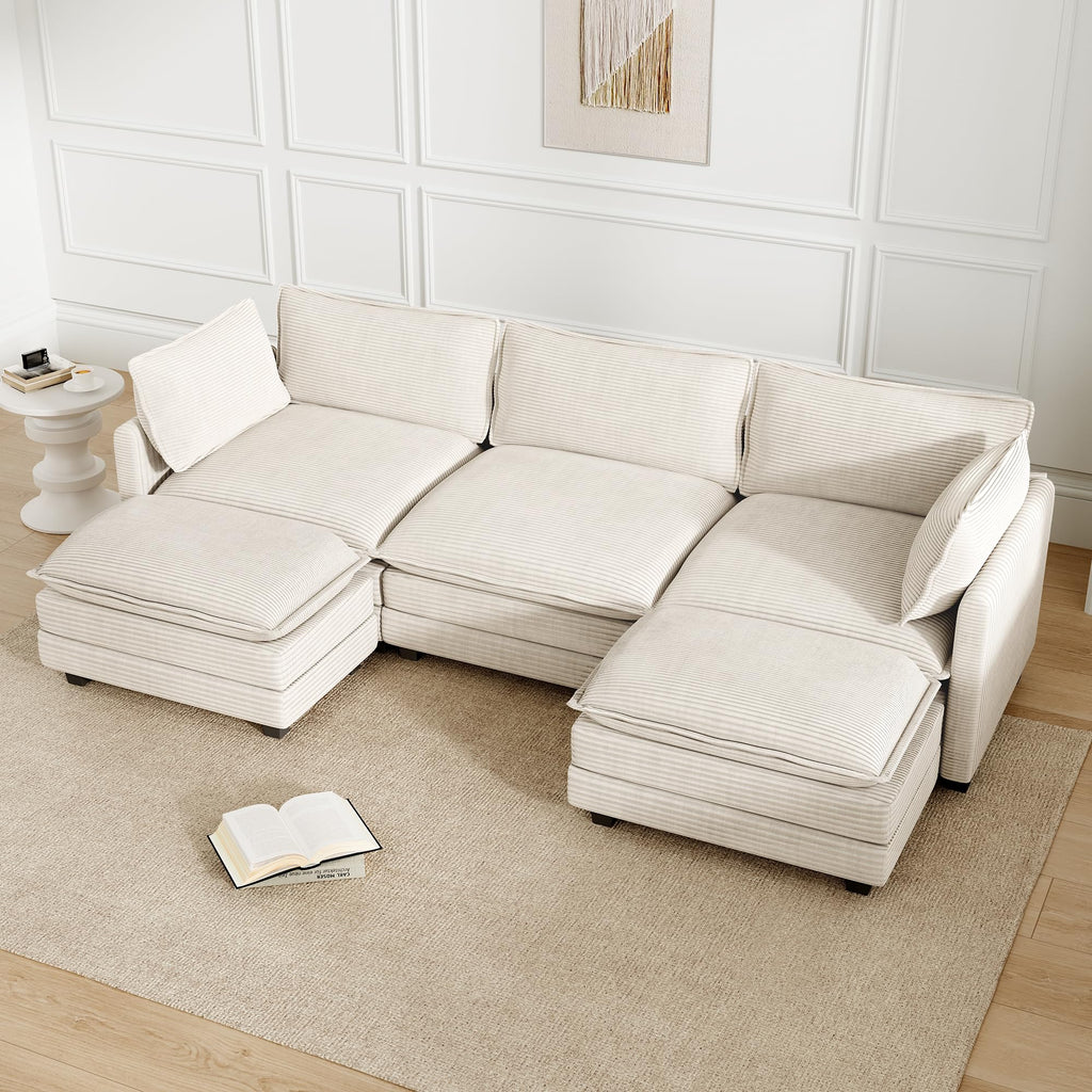 112'' Sectional Modular Cloud Couch, Oversized 5 Seat Couches U Shaped Sofa with 2 Movable Ottomans, 2 Throw Pillows, Upholstered Corduroy U Shape Comfy Deep Couches for Living Room and Office, Beige