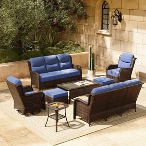Luxury Patio Furniture Set with 6-inch Thick Cushion, Outdoor Couch and High Back Swivel Rocker Patio Chairs, 8PCS Wicker Conversation Set for Deck Yard and Poolside, Blue (V2)