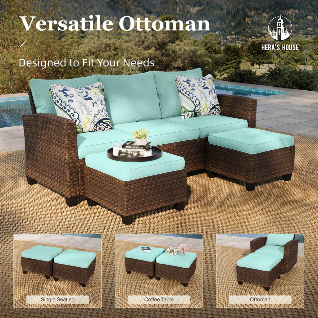 Outdoor Patio Furniture Set, 7 Pieces Wicker Patio Conversation Sets, Outside Sectional Deep Seating Sofa Set for Lawn Backyard Porch, Brown/Blue