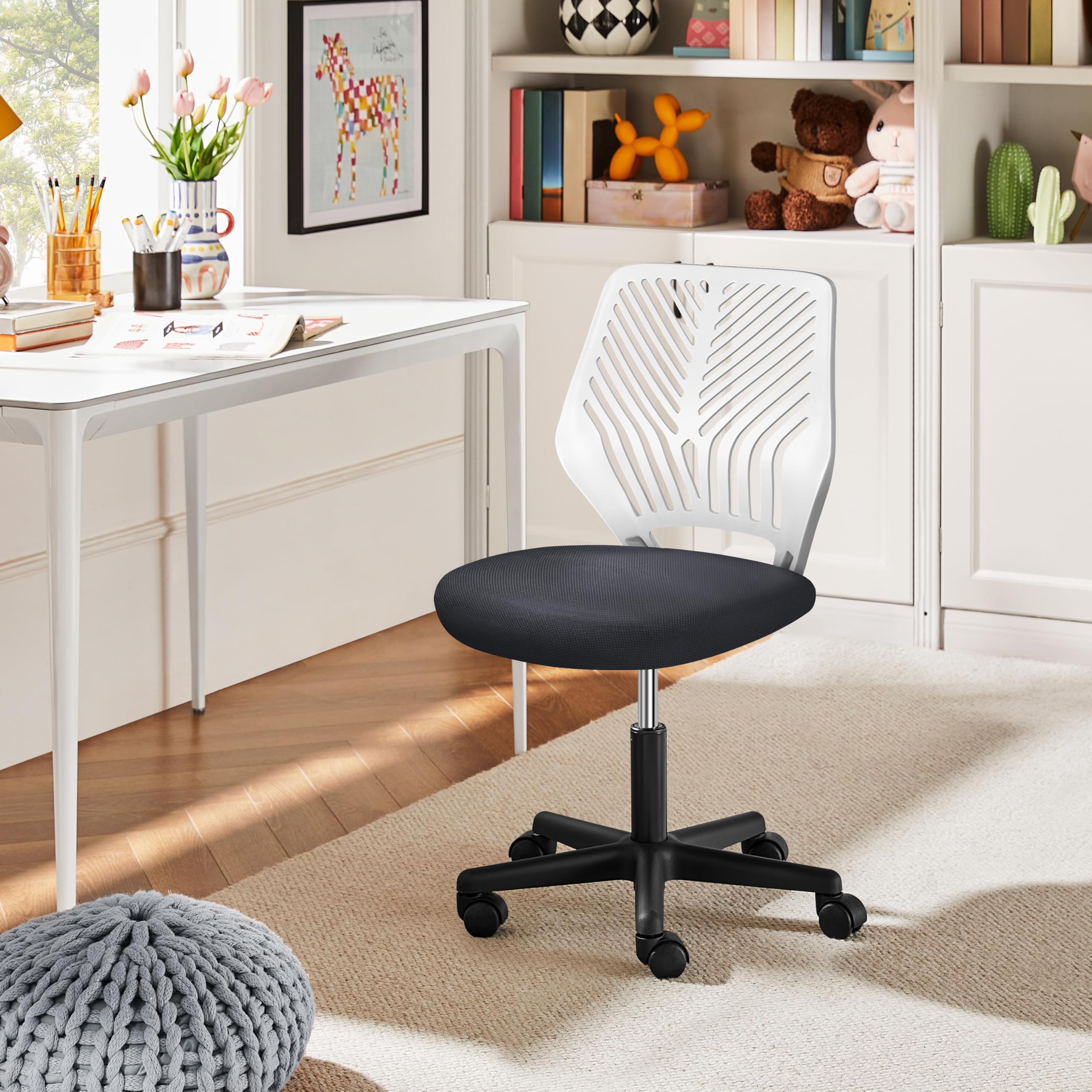 Students Cute Desk Chair Low-Back Armless Study Chair w/Lumbar Support Adjustable Swivel Chair in Home Bedroom School, Dark Gray