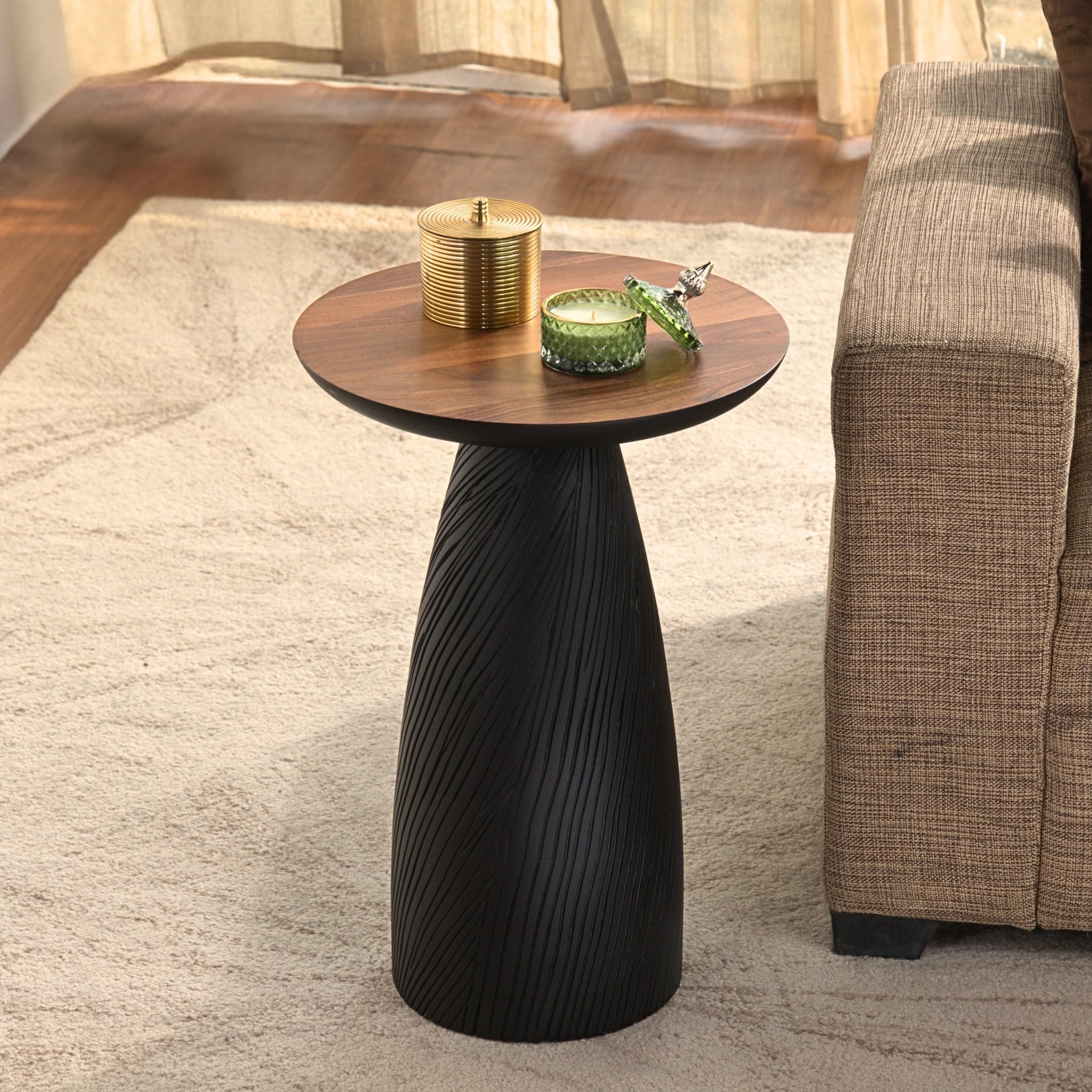 Mid-Century Farmhouse Cottagecore Accent Drink Table, Round Solid Mango Wood Accent Table with Carved Cone Base Minimalist Design for Small Spaces, Living Room, Bedroom or Entryway, Black, Assembled