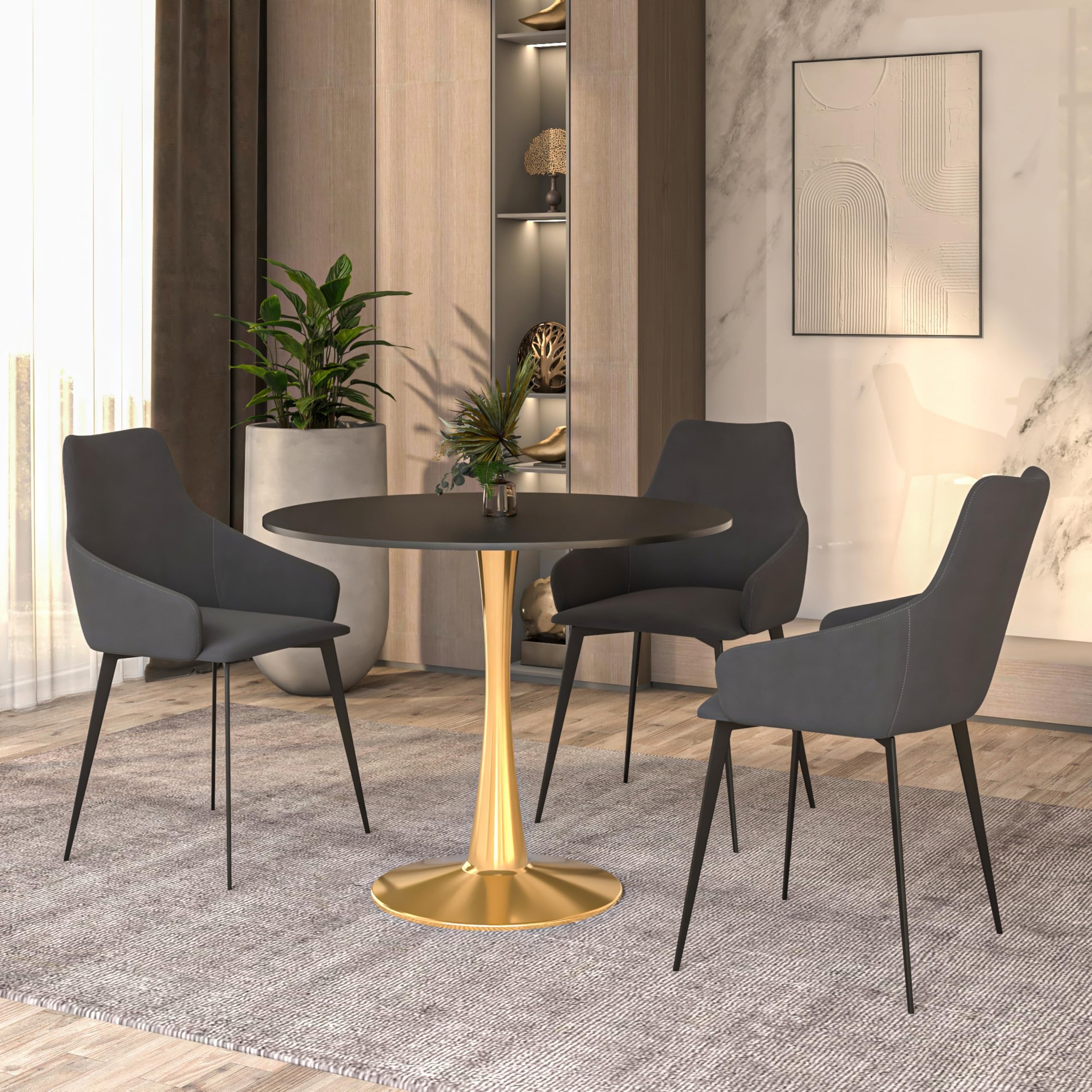 31" Round Dining Table in Black Modern MDF Wood Tabletop with Gold Pedestal Base, Mid-Century Accent Table for Kitchen, Café & Dining Room