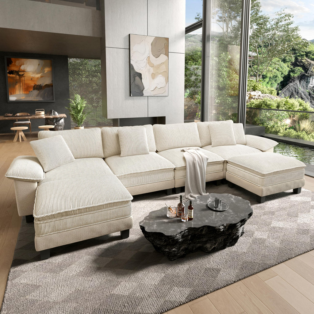 158" Modular Sectional Sofa, Oversized U Shaped Couches for Living Room, Comfy Cloud Couch with Ottoman, 6-Seater Deep Seat Sofa with Throw Pillow, Corduroy and Chenille Beige